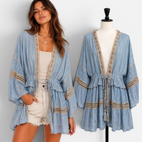 POL Sweaters - POL Cardigan Women Large Blue Gold Metallic Lace Shell Trim Boho SMQG2